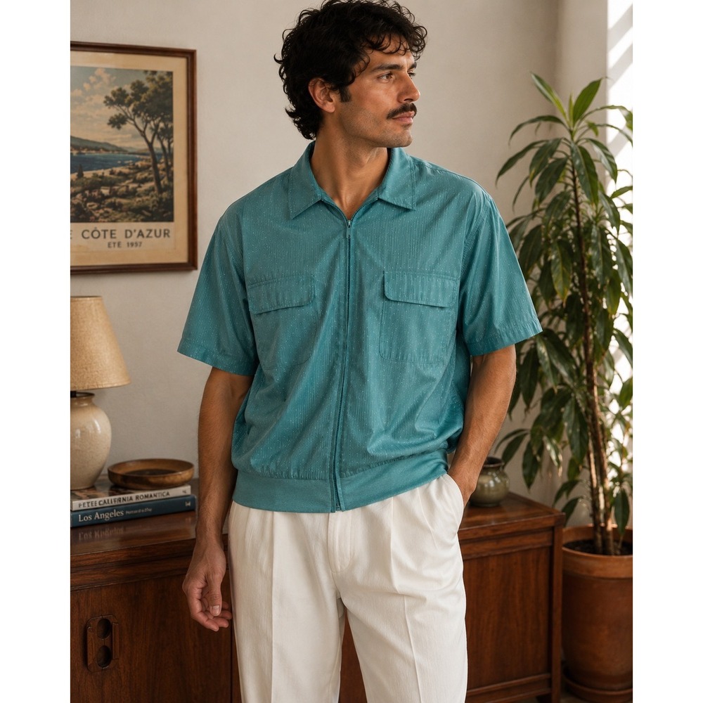 John Blair Mens XL Teal Zip Front Shirt Jacket Short Sleeve Retro Grandpa 90s
